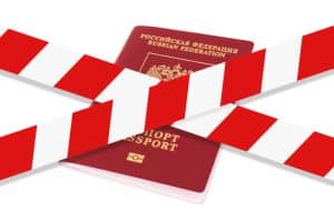White and red warning tape over the Russian passport.